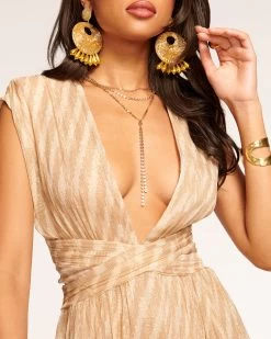 Constance Plunging Mini Dress -Urban Chic Shop rtw 2023 june 2 A06233011 CONSTANCE DRESS FLAX LUREX DIAGONAL IKAT PRINT 03