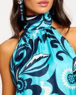Meena Ruched Mini Dress -Urban Chic Shop rtw 2023 june 2 A06233028 MEENA DRESS TROPICAL BLUE SCROLL PRINT 03